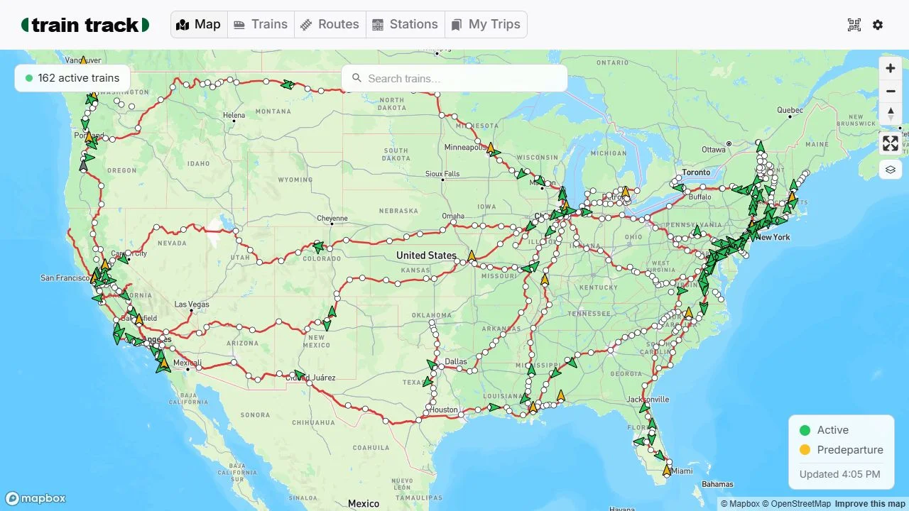 Train Track showing live trains and routes on a map of the United States