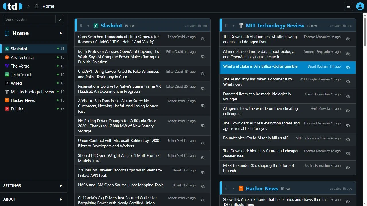 Twice Daily showing news sources and a customizable reading dashboard